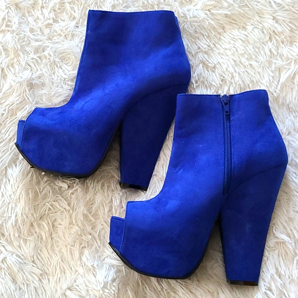 Blue Faux Suede Platform Ankle Boot